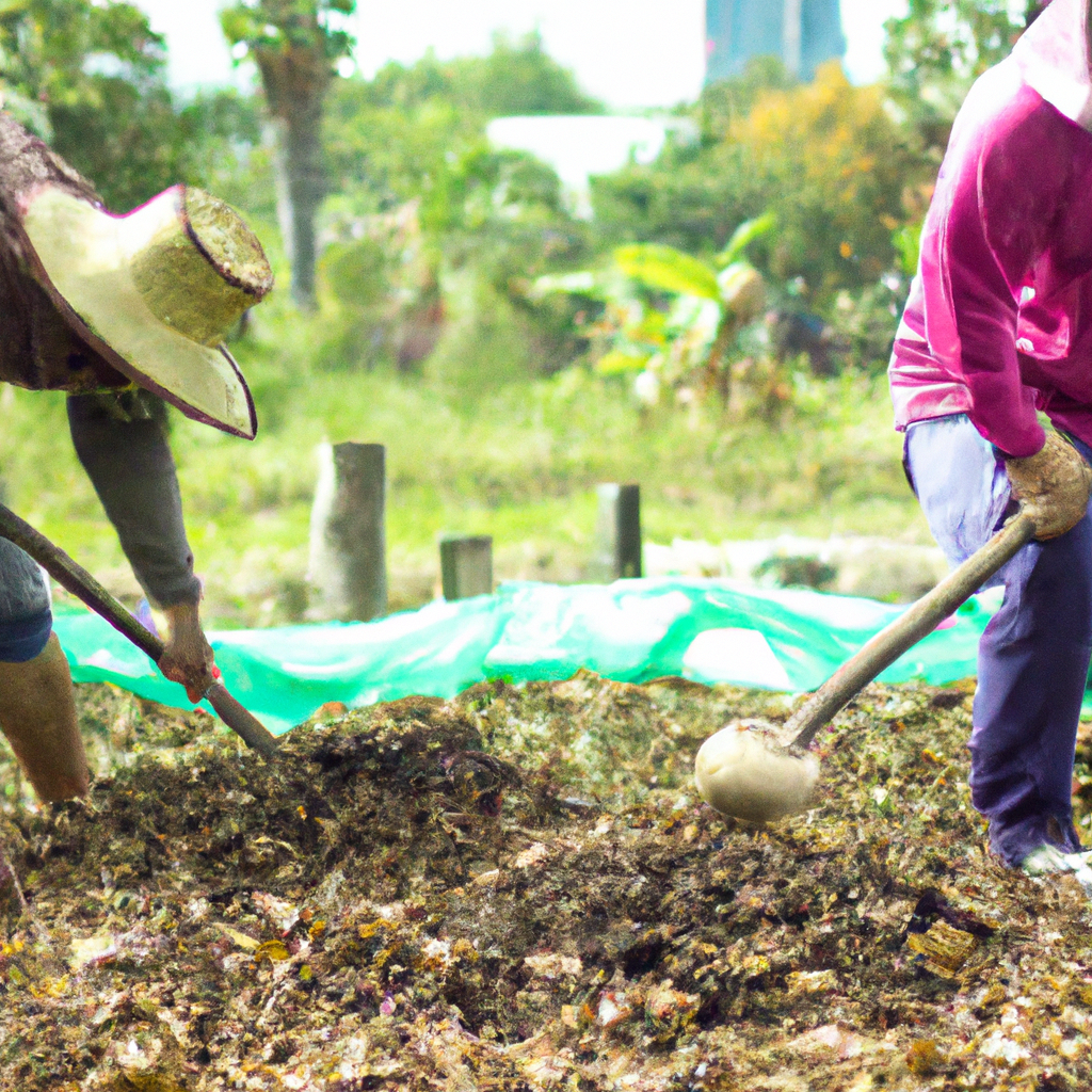 Generate an image of farmers working together to create compost